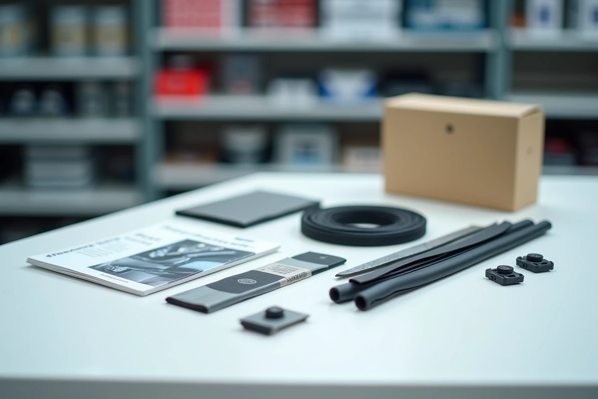 Assortiment d'accessoires de vitrage automobile compatibles avec voitures récentes présentés sur un établi d'atelier