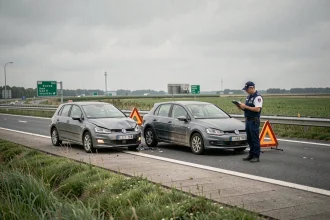 Accident sur l'autoroute A1 dans le nord de la France avec forces de l'ordre et véhicules endommagés sur le bas-côté