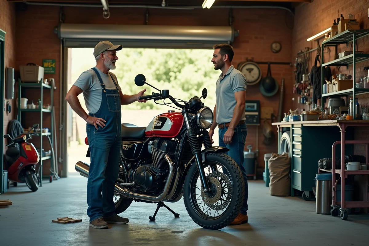 Mécanicien de garage indépendant présentant une moto à un acheteur potentiel