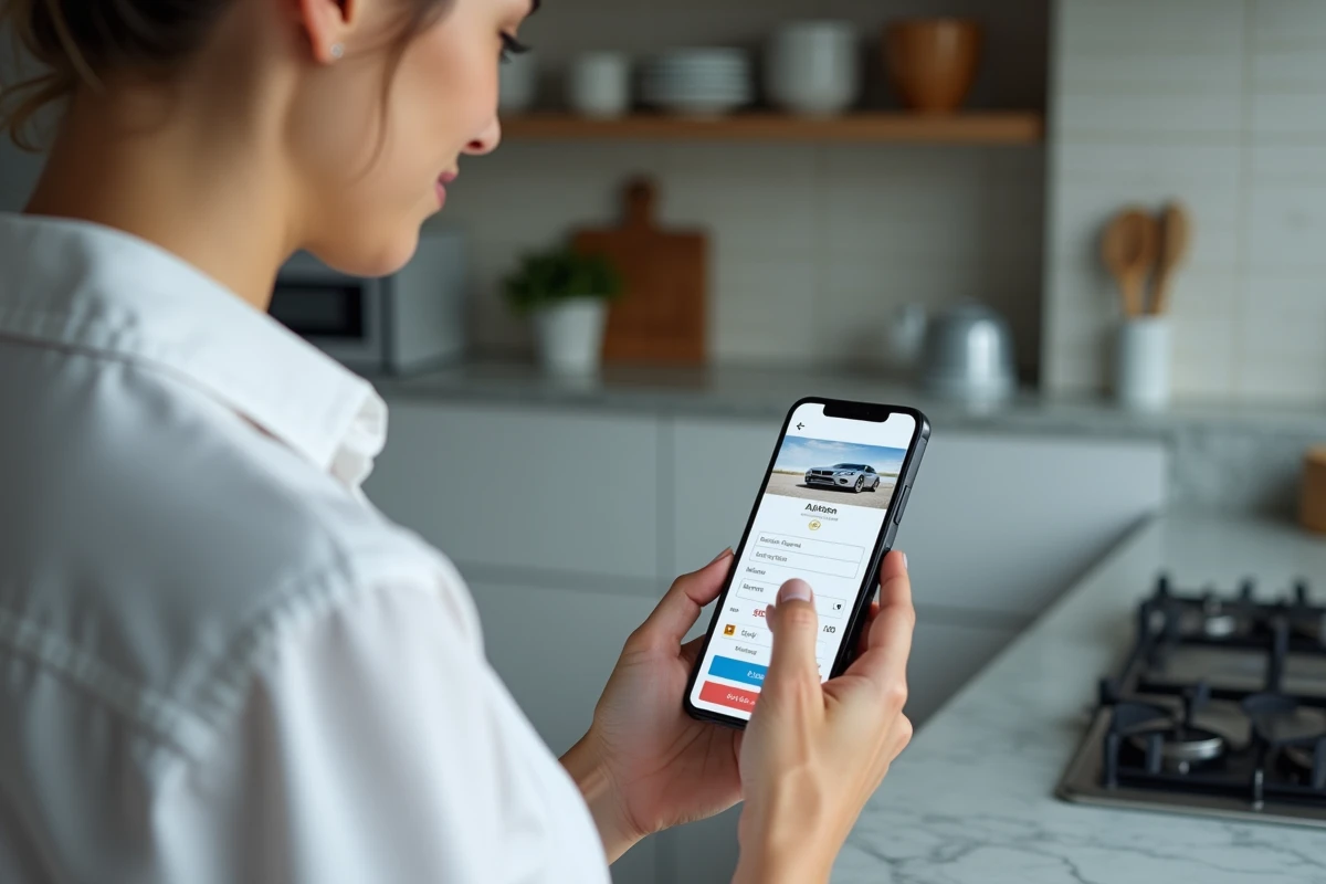 Femme utilisant son smartphone pour effectuer un achat sécurisé de pièces automobiles sur un site e-commerce avec icône cadenas visible