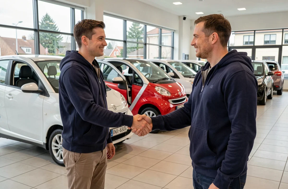 Jeune homme achetant une voiture sans permis dans une concession automobile à Roanne, poignée de main avec un vendeur