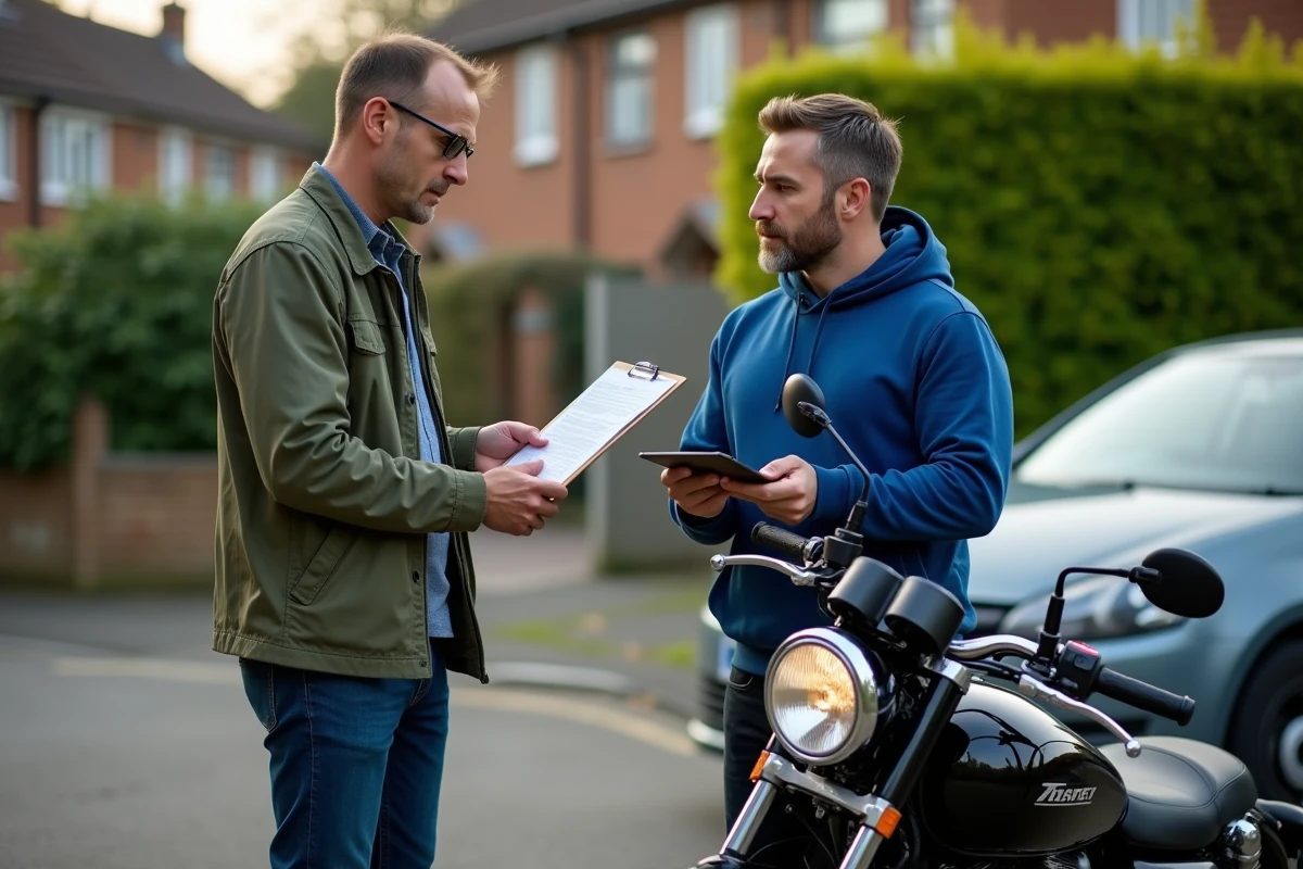 Acheteur et vendeur de moto d'occasion échangeant des documents lors d'une transaction incluant le contrôle technique