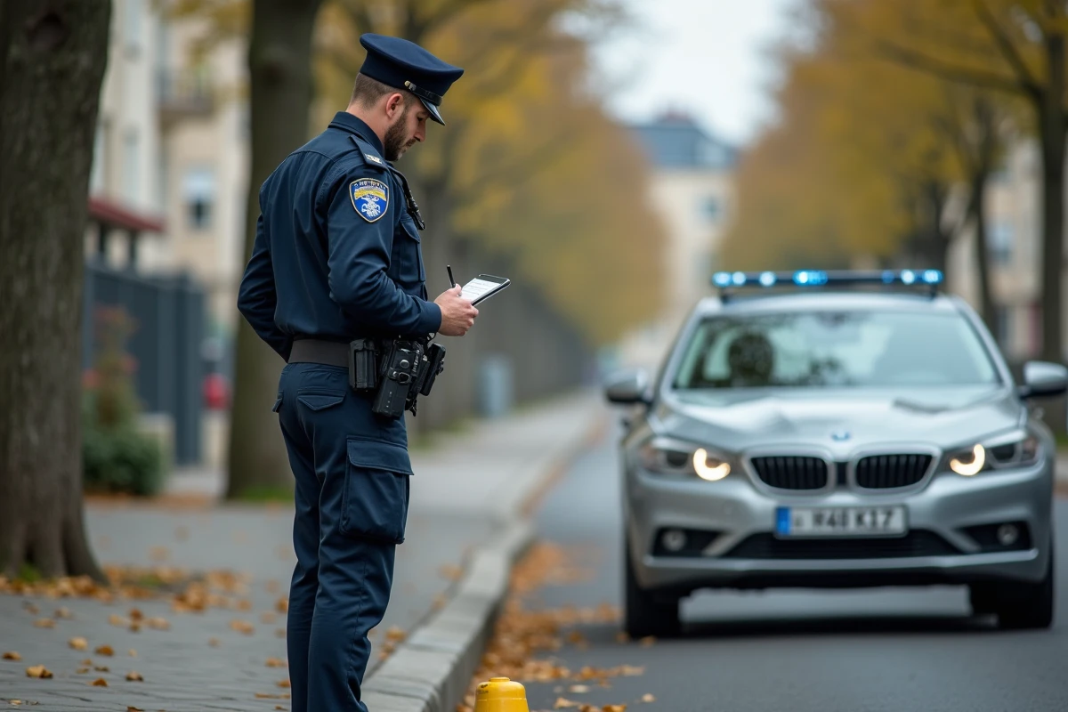 Agent de police rédigeant un procès-verbal pour une contravention de 5ème classe à côté d'un véhicule en stationnement interdit