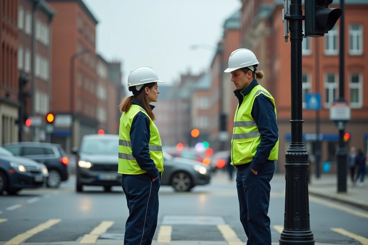 Agent municipal inspectant un radar de circulation en ville