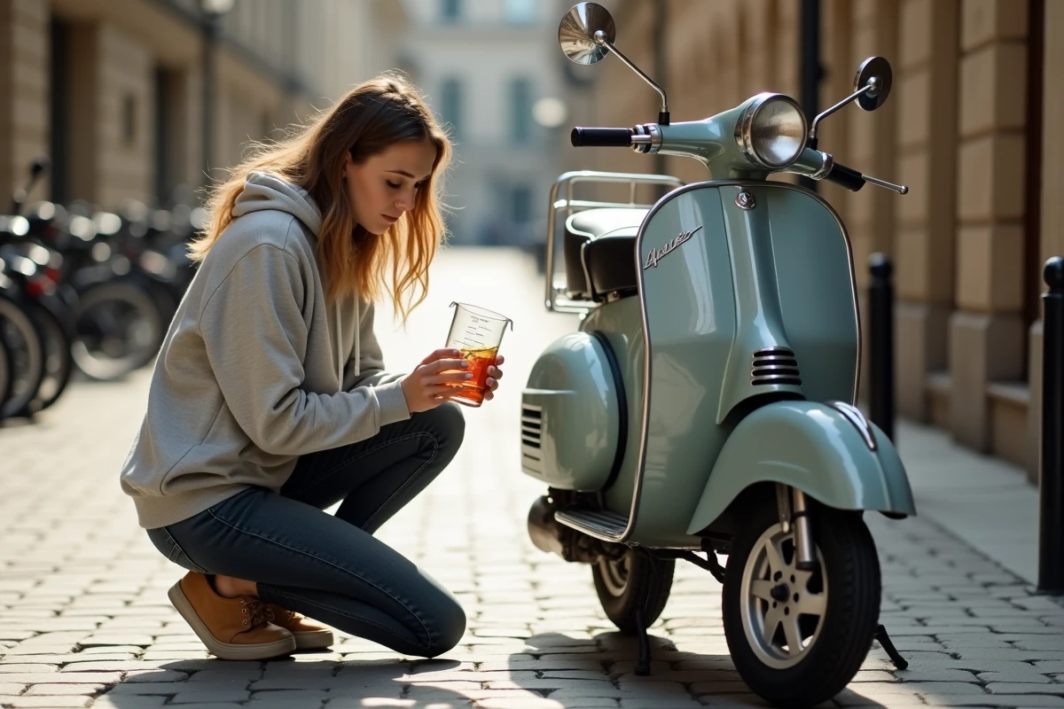 Jeune femme ajoutant de l'huile deux temps dans le réservoir d'un scooter 50cc en ville
