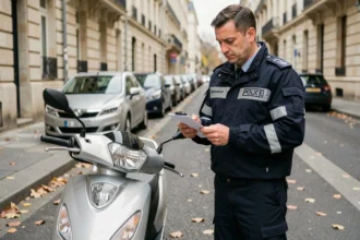 Policier en uniforme rédigeant un procès-verbal pour défaut d'assurance scooter en ville