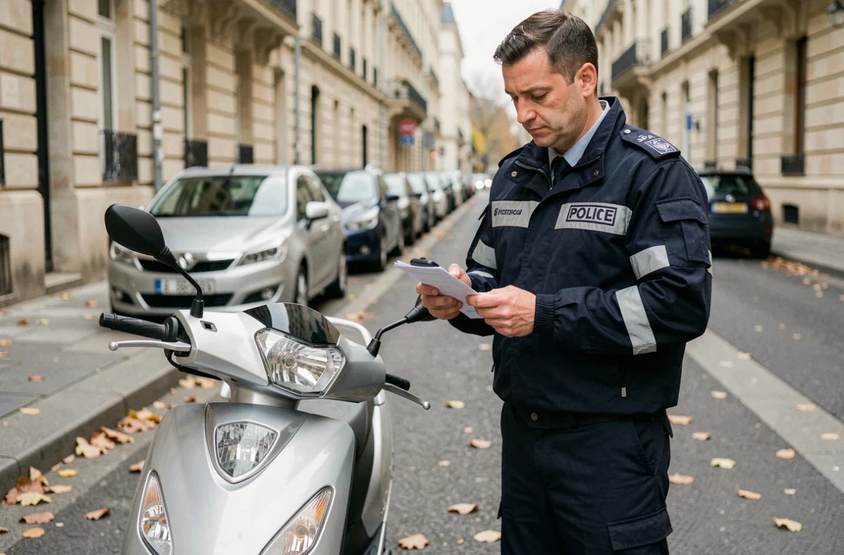 Policier en uniforme rédigeant un procès-verbal pour défaut d'assurance scooter en ville
