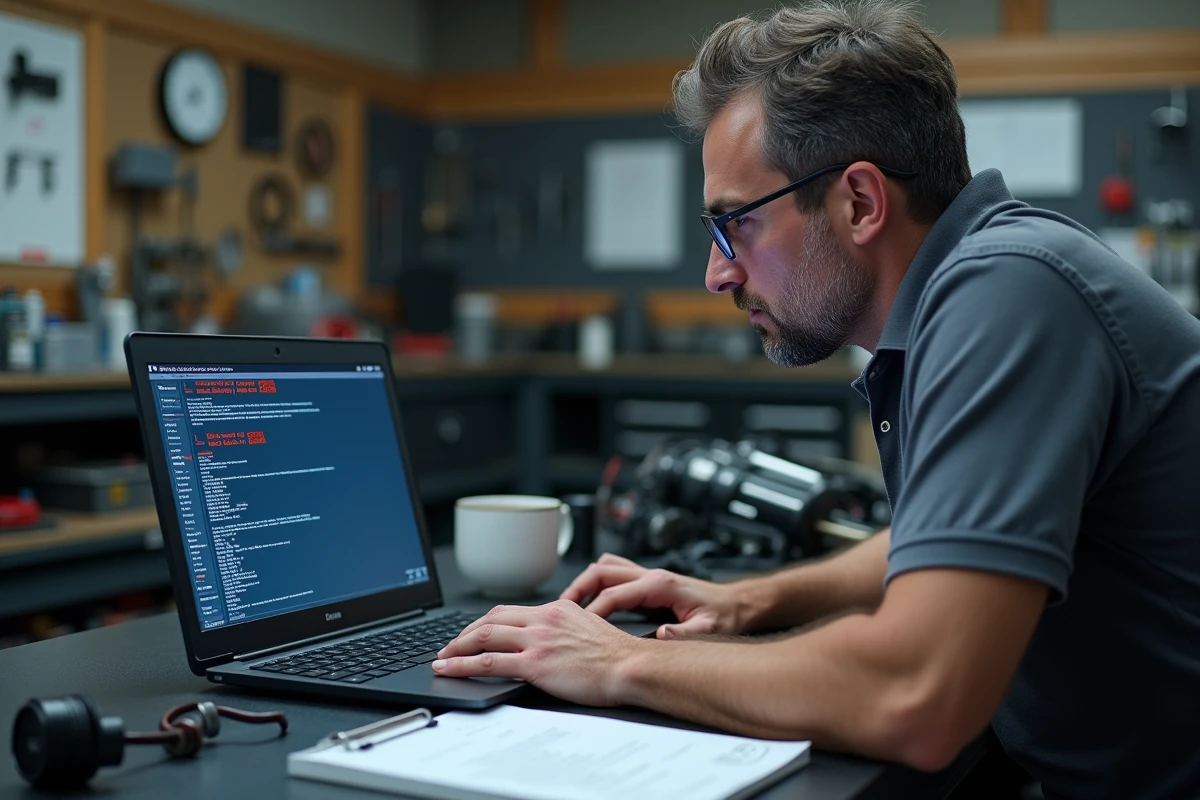 Mécanicien analysant le code défaut 1351 Peugeot sur un logiciel de diagnostic automobile ouvert sur un ordinateur portable en atelier