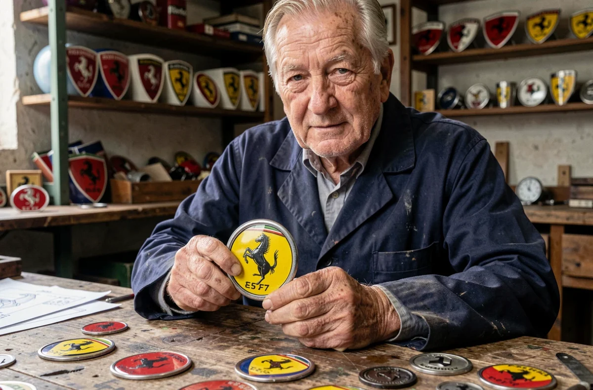 Artisan italien âgé tenant un insigne du cheval cabré Ferrari dans un atelier traditionnel d'Émilie-Romagne, illustrant le savoir-faire et l'héritage artisanal de la marque