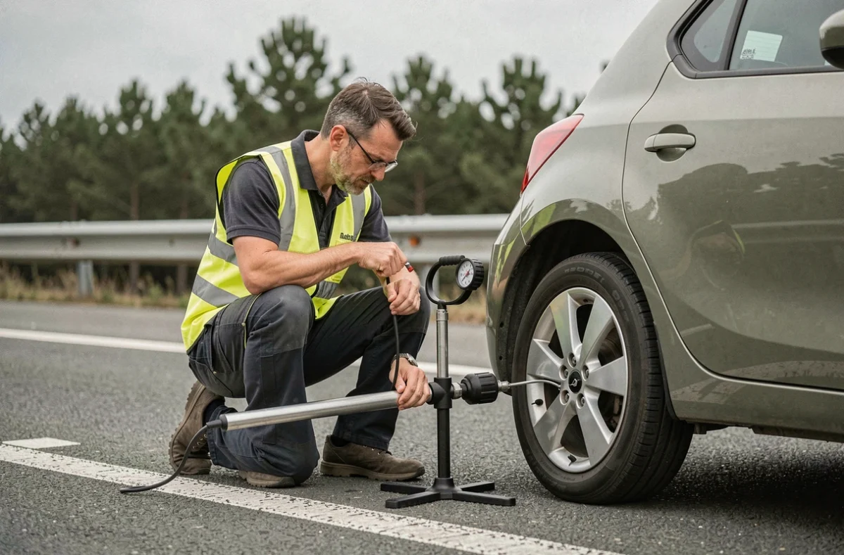 Technicien d'assistance routière gonflant un pneu à plat sur une voiture en bande d'arrêt d'urgence d'une autoroute française