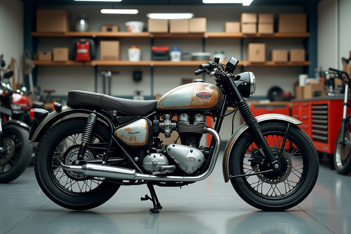 Moto classique dans un atelier lumineux avec outils