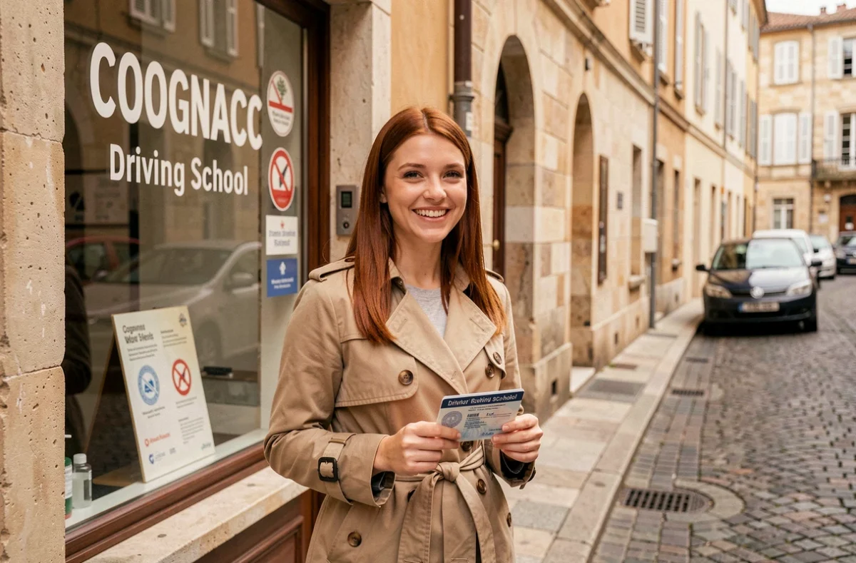 Nouvelle titulaire du permis souriante devant l'auto-école Cognaçaise à Cognac