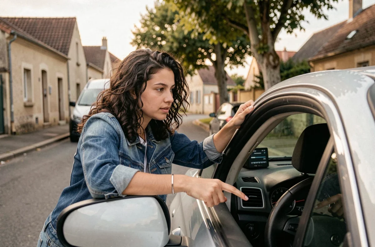 Élève de l'auto-école Plazer effectuant un créneau dans une rue de Saint-Yrieix