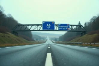 Vue en perspective sur une autoroute française A6 avec panneau de signalisation bleu caractéristique et paysage rural à l'horizon