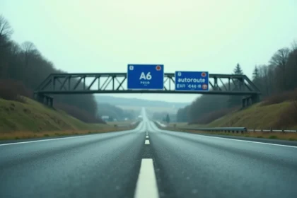 Vue en perspective sur une autoroute française A6 avec panneau de signalisation bleu caractéristique et paysage rural à l'horizon