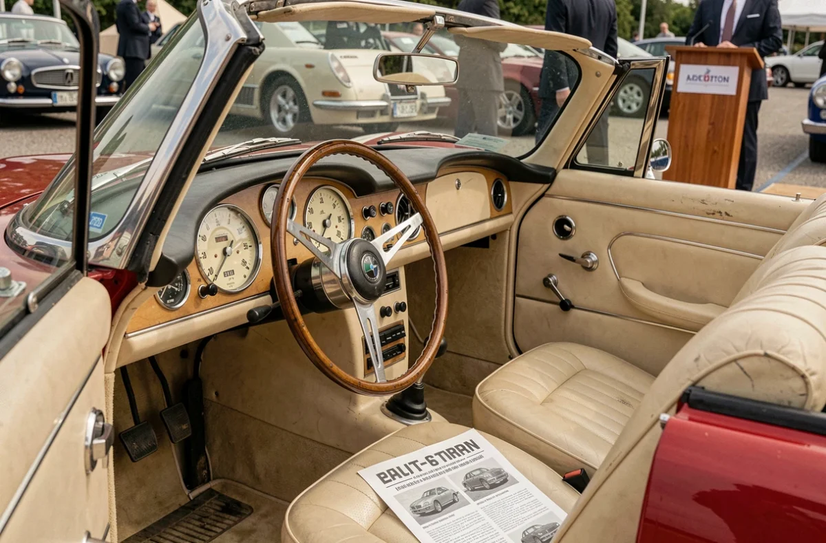 Détail intérieur d'une BMW 507 rouge décapotable lors d'une enchère de voitures de collection, tableau de bord d'époque et sièges en cuir crème avec catalogue de vente
