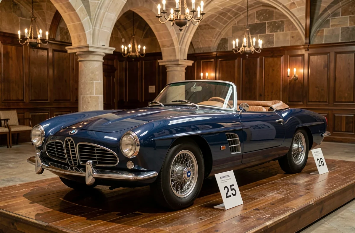 BMW 507 bleu nuit restaurée sur scène dans une salle de vente aux enchères de prestige avec architecture en pierre et boiseries sombres