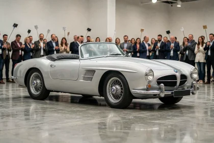BMW 507 de 1957 en finition aluminium argenté lors d'une vente aux enchères automobile, vue de profil avec public en arrière-plan flou
