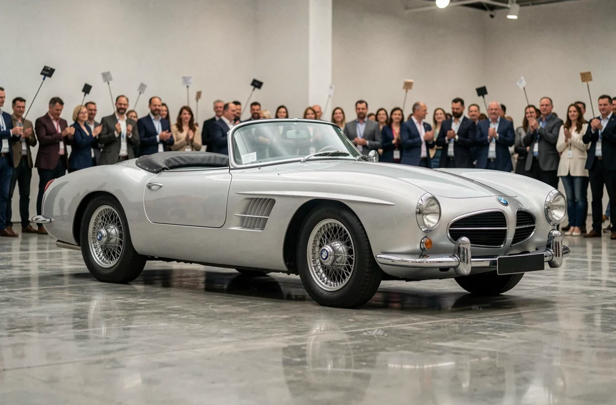 BMW 507 de 1957 en finition aluminium argenté lors d'une vente aux enchères automobile, vue de profil avec public en arrière-plan flou