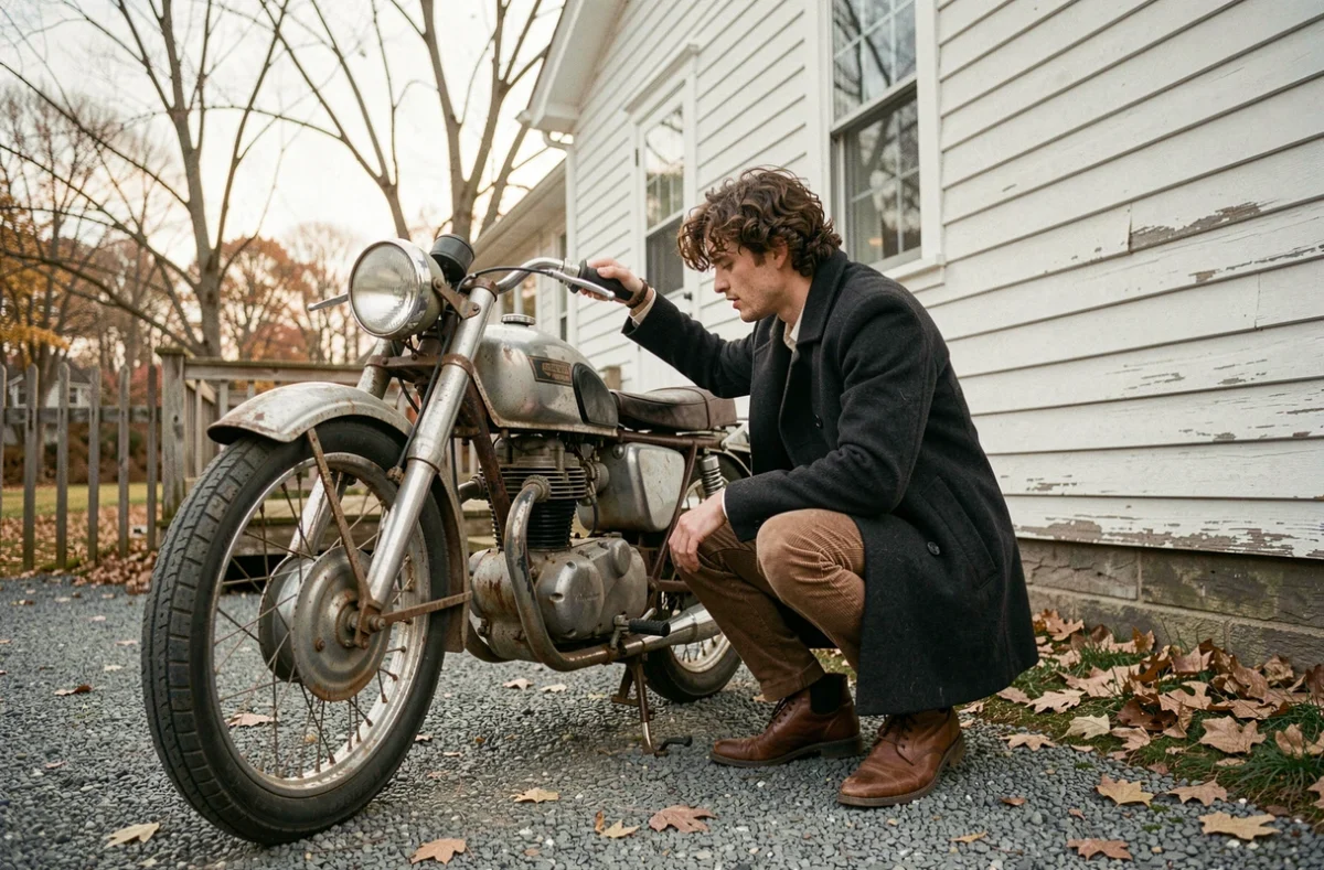 Bob Dylan en manteau de laine accroupi près d'une moto vintage devant une maison en bois blanc en automne dans les années 1960