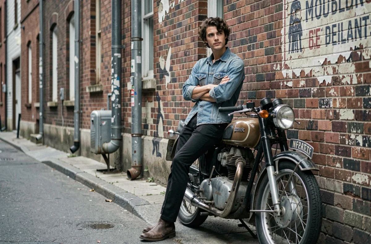 Jeune musicien folk des années 1960 ressemblant à Bob Dylan appuyé contre une moto vintage dans une ruelle en briques de Woodstock
