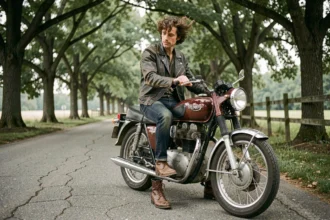 Bob Dylan en veste de cuir noir assis sur une moto Triumph vintage sur une route rurale des années 1960 dans l'État de New York