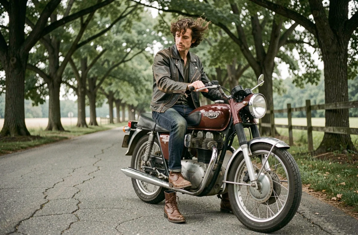 Bob Dylan en veste de cuir noir assis sur une moto Triumph vintage sur une route rurale des années 1960 dans l'État de New York