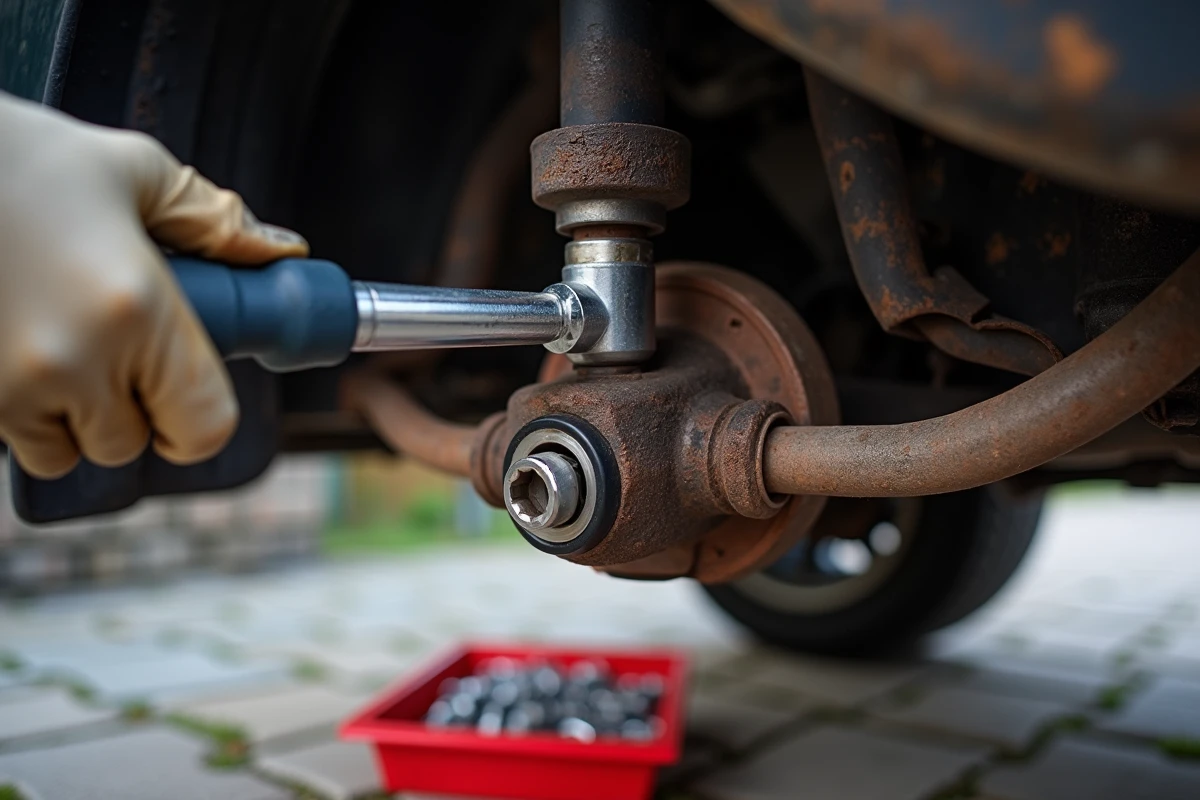 Gros plan sur le démontage du bras de suspension arrière d'une 206 avec une clé dynamométrique