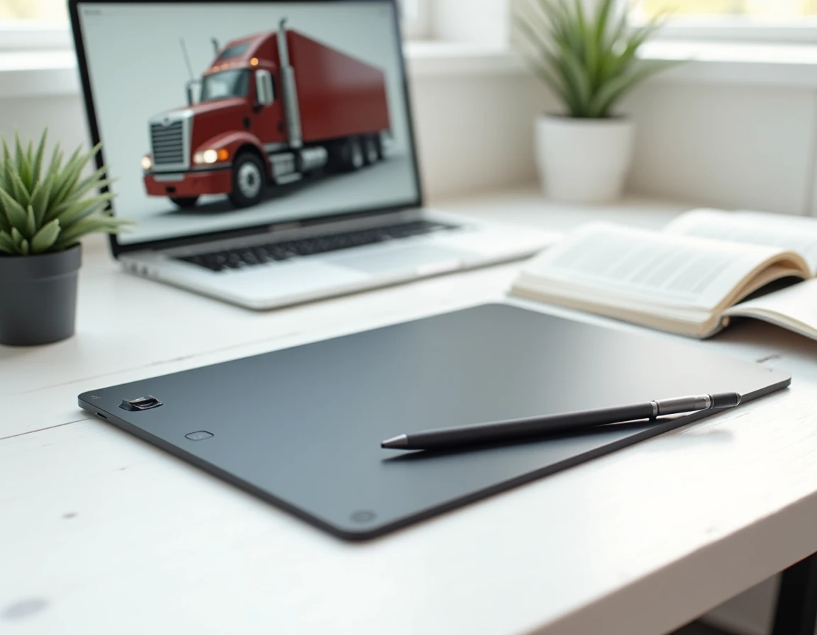Bureau minimaliste avec tablette graphique et logiciel vectoriel affichant un logo de camion avec courbes de Bézier
