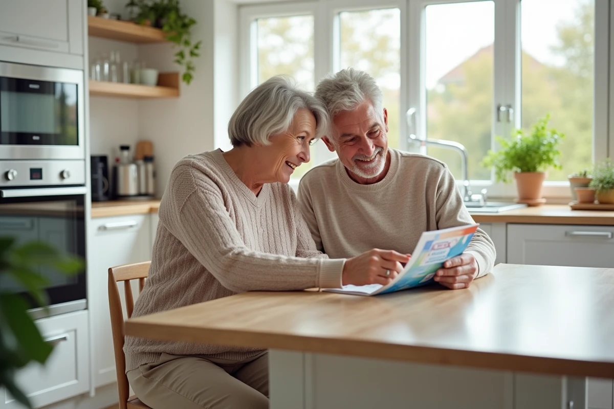 Couple dans la cinquantaine consultant un bon cadeau de leçons de conduite et un guide de sécurité routière dans une cuisine moderne