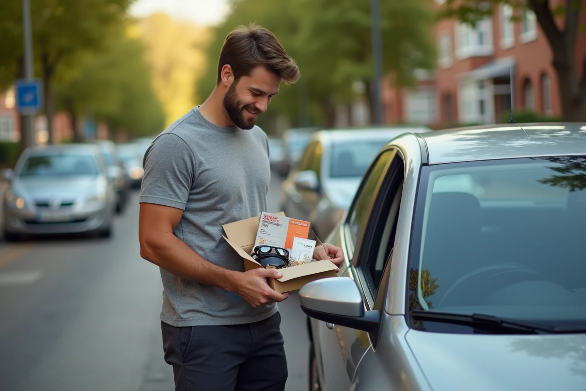 Homme tenant une boîte cadeau avec des accessoires de conduite près d'une voiture compacte en milieu urbain