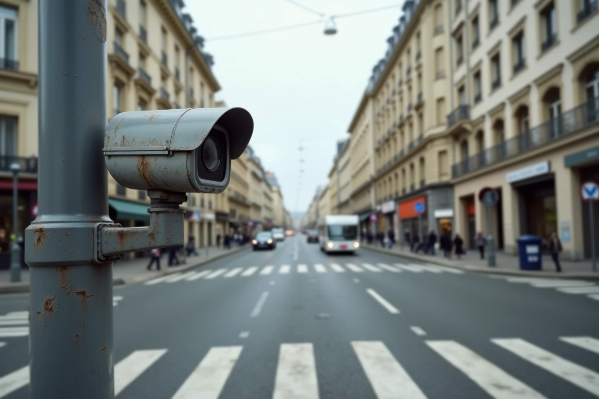 Caméra de contrôle routier automatisé installée à un carrefour urbain pour la verbalisation des infractions de 5ème classe