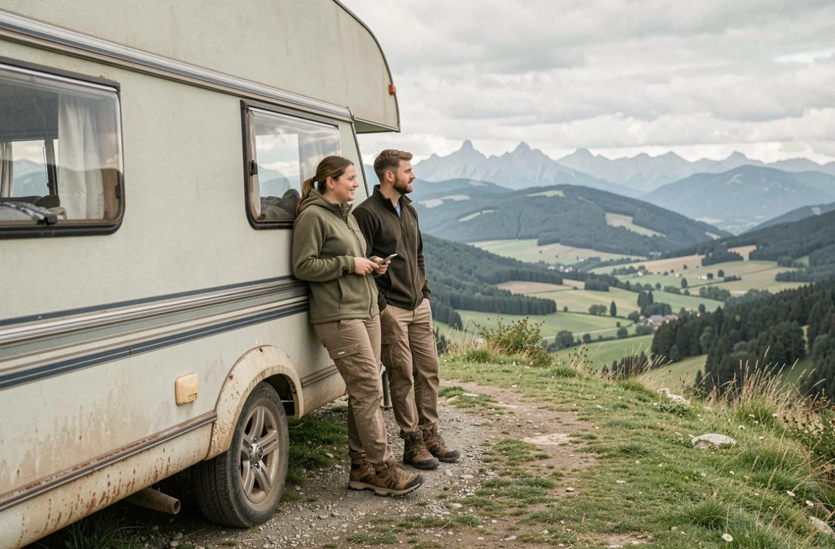 Mère et jeunes adultes devant une caravane d'occasion garée à un belvédère montagneux avec vue panoramique sur la vallée