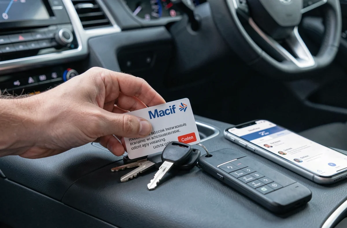 Carte d'assurance VTC Macif et clés de voiture posées sur la console centrale d'un véhicule professionnel