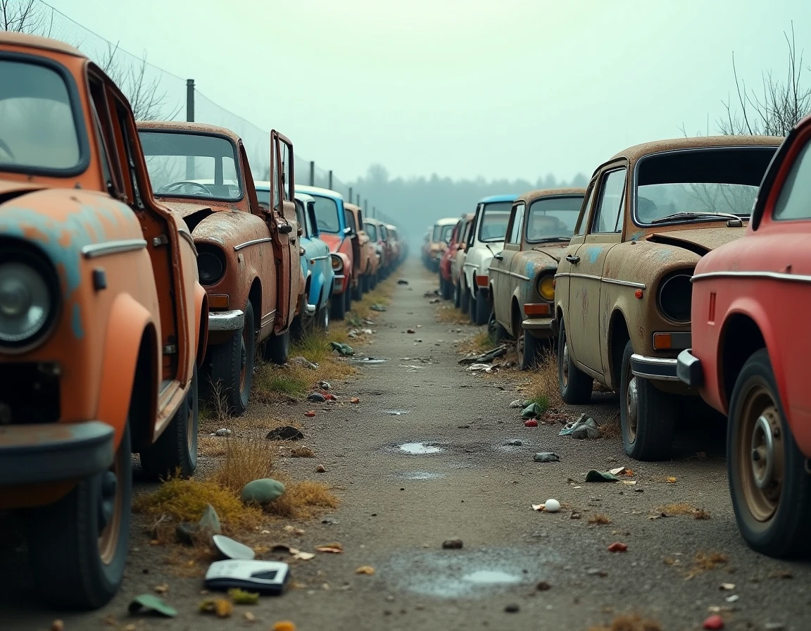 Casse automobile dans le 44 avec des véhicules en fin de vie alignés sur un terrain de recyclage en Loire-Atlantique