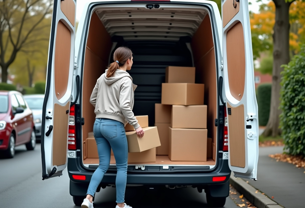 Jeune femme chargeant des colis dans un van utilitaire