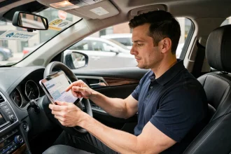 Chauffeur VTC consultant son contrat d'assurance Macif sur une tablette dans son véhicule professionnel