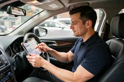 Chauffeur VTC consultant son contrat d'assurance Macif sur une tablette dans son véhicule professionnel