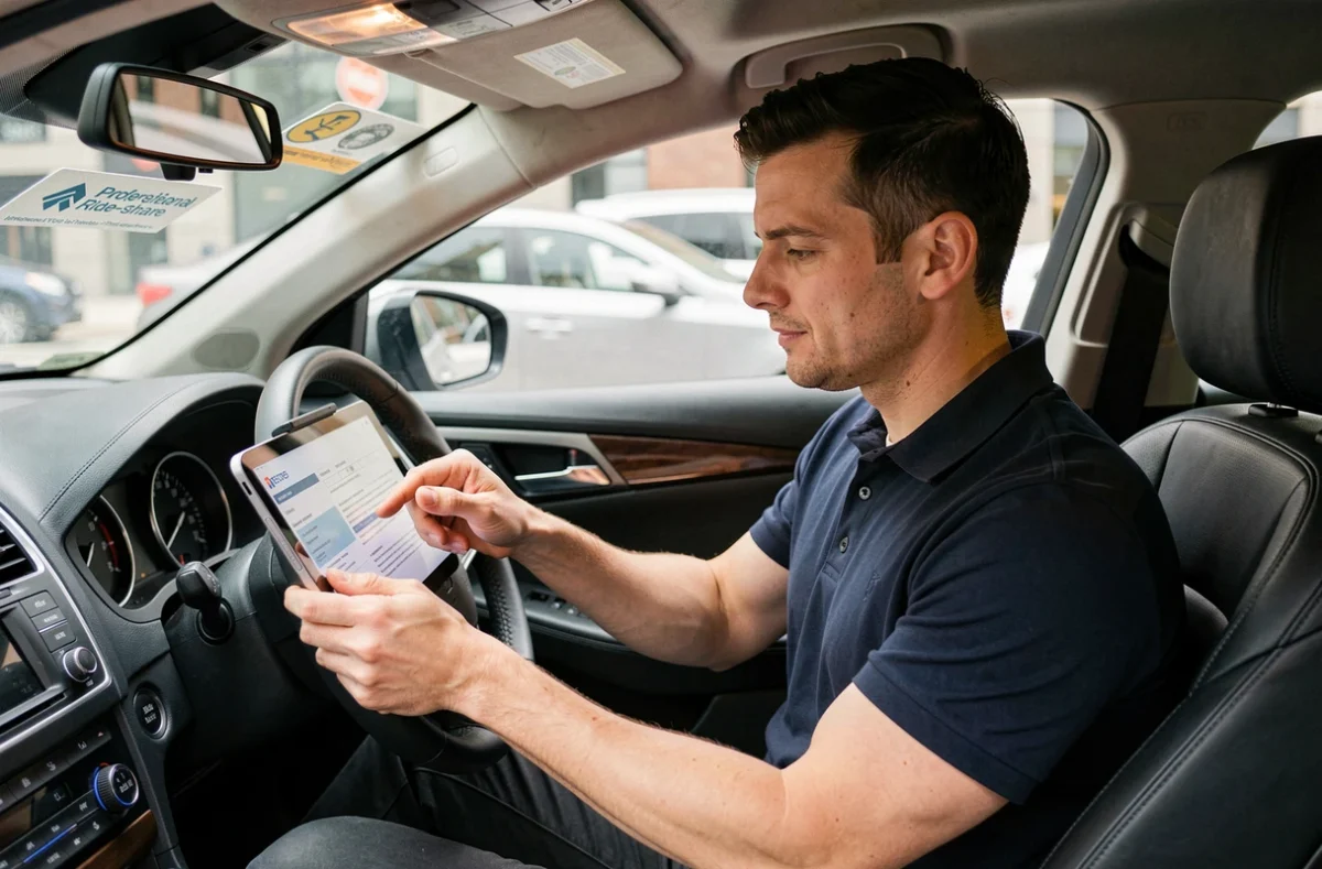 Chauffeur VTC consultant son contrat d'assurance Macif sur une tablette dans son véhicule professionnel