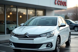 Citroën C4 blanche garée devant une concession automobile, vue en angle 3/4 avant montrant la carrosserie complète