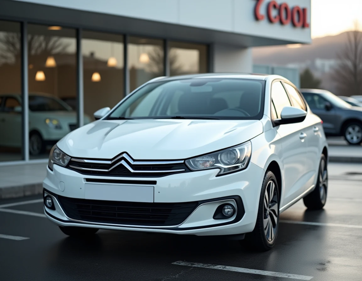 Citroën C4 blanche garée devant une concession automobile, vue en angle 3/4 avant montrant la carrosserie complète