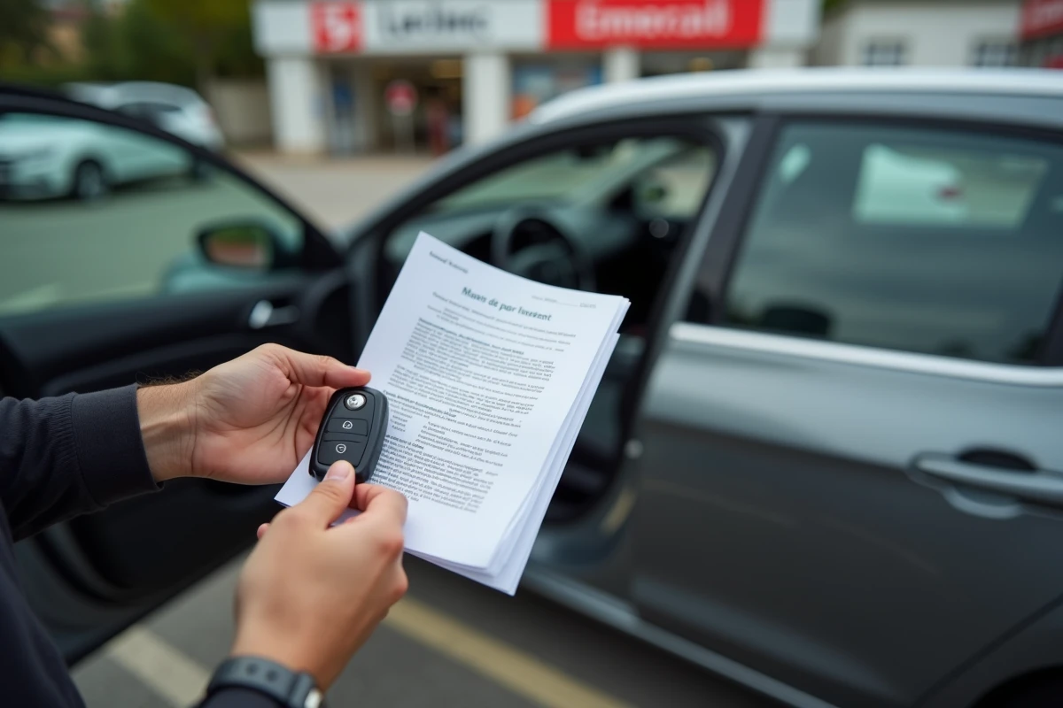 Clé de voiture et contrat de location mensuelle Leclerc tenus à la main