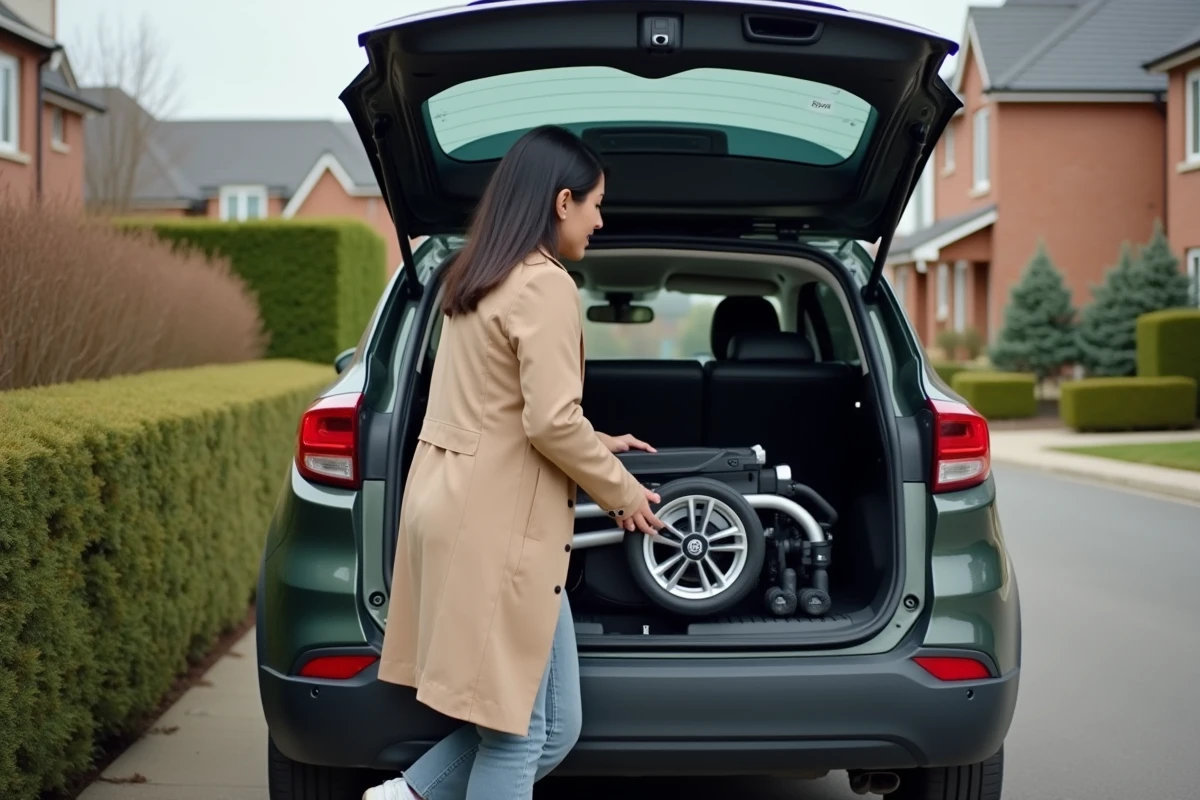 Femme comparant les dimensions du coffre d'un SUV compact avec une poussette pliée dans une allée résidentielle