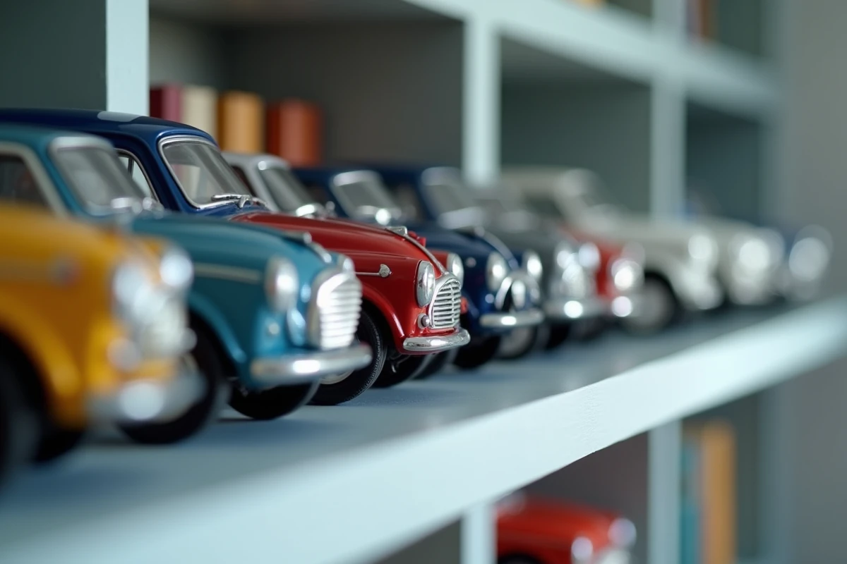 Collection de voitures miniatures sur une étagère mettant en valeur les logos et emblèmes des marques automobiles