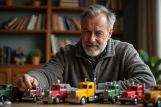 Homme d'âge moyen arrangeant des miniatures de camions dans un bureau chaleureux