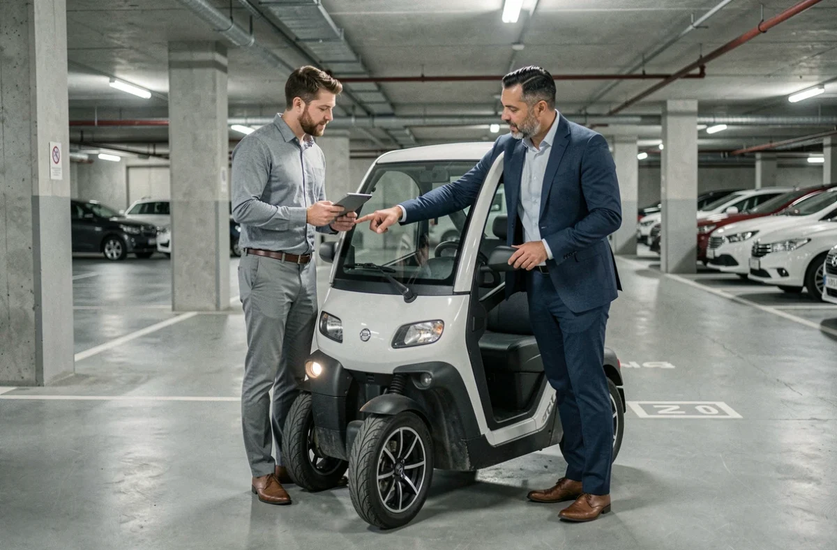 Deux collègues en discussion professionnelle devant une voiture sans permis dans un parking d'entreprise