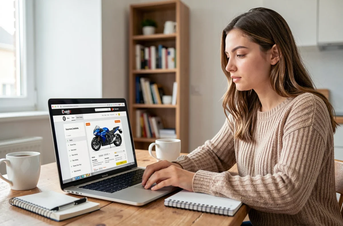 Jeune femme comparant des offres d'assurance moto pas cher sur un ordinateur portable à la maison