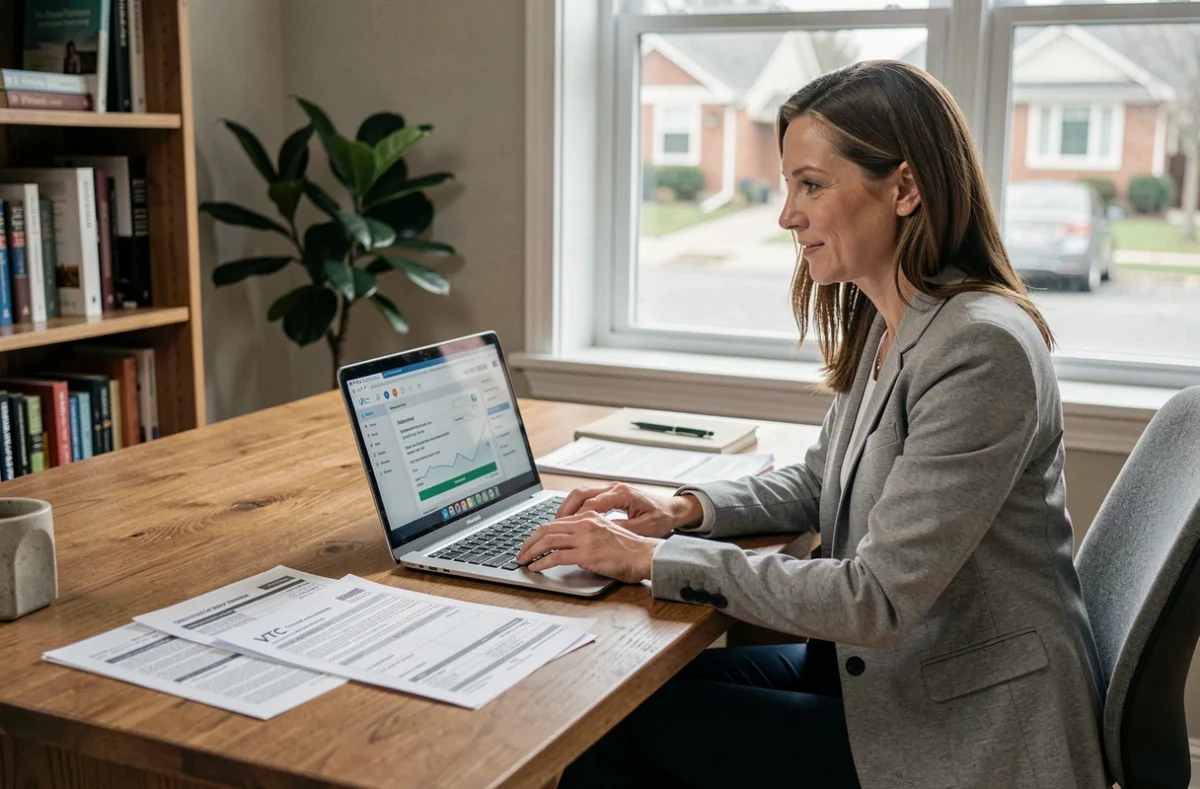 Femme comparant des offres d'assurance VTC Macif sur ordinateur portable dans un bureau à domicile