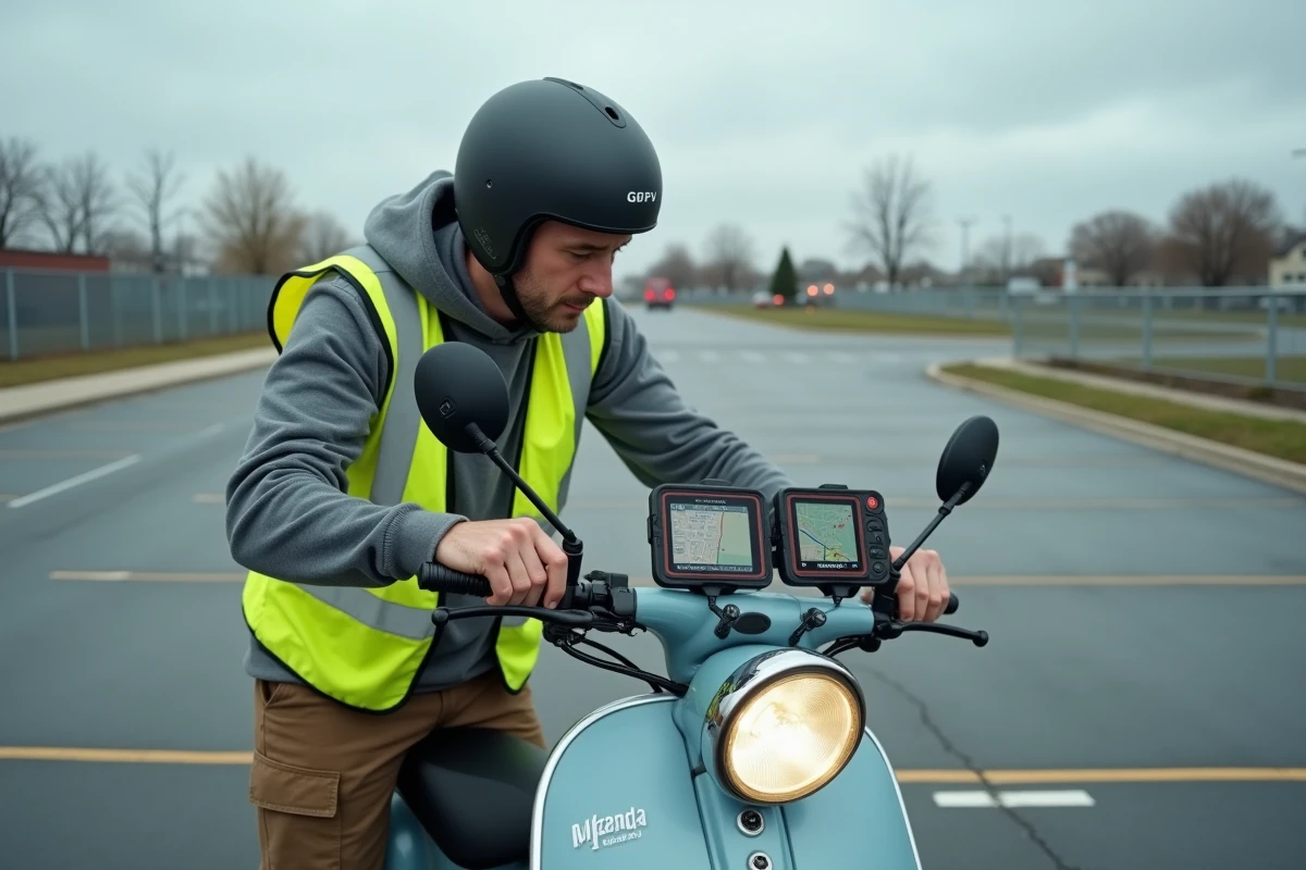 Comparaison GPS dédié et smartphone sur scooter dans un parking, test d'autonomie et d'efficacité des appareils de navigation pour deux-roues