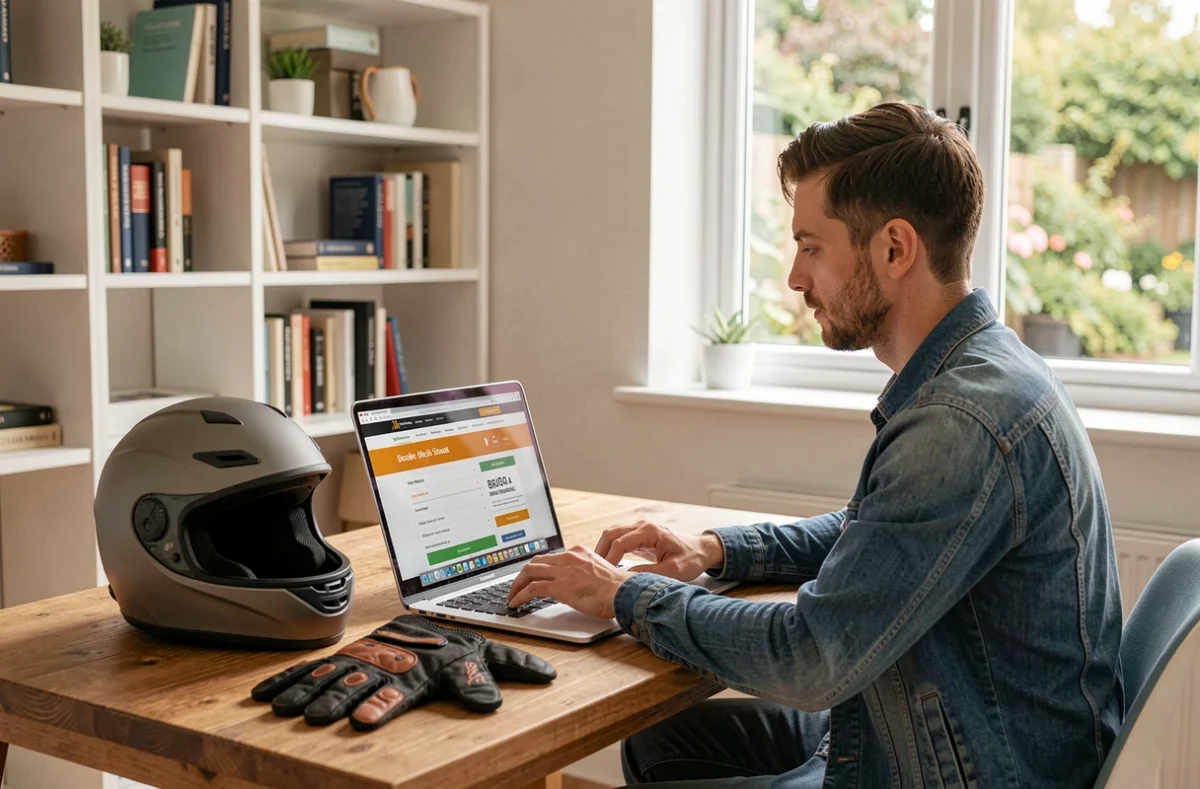 Homme comparant des devis d'assurance moto A2 sur ordinateur portable depuis son bureau à domicile
